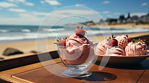 AI generated illustration of a strawberry ice cream in a cup on the beach