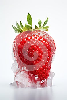 AI-generated illustration of a strawberry stuck in a block of ice, with fresh green leaves on top