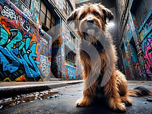 AI generated illustration of stray dog sits by graffiti-covered urban wall in alleyway