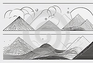 AI generated illustration of a stunning black and white sketch of a majestic landscape of mountains