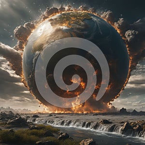 the earth exploding up in fire over water and rocks