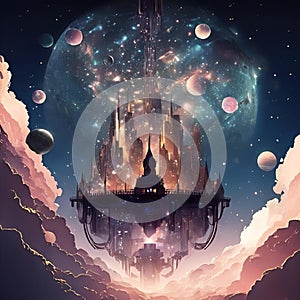 AI generated illustration of a stunning fantasy space featuring a clock tower, colossal planets