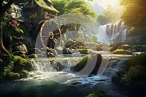 AI generated illustration of a stunning landscape featuring a picturesque waterfall