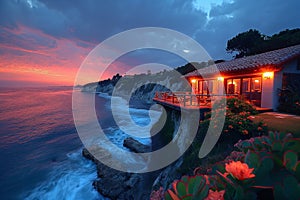 AI generated illustration of a stunning sunset over beach with vacant house on hilltop