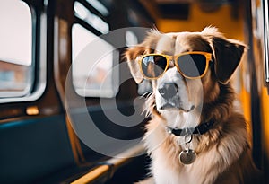 AI generated illustration of a stylish brown dog with sunglasses sitting on a bus