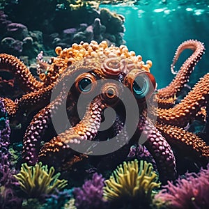 AI generated illustration of a submerged octopus camouflaged in its aquatic environment