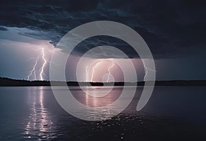 AI generated illustration of sunlight piercing through storm clouds, multiple lightning strikes