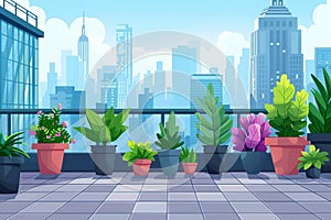 AI generated illustration of a sunny terrace adorned with blooming potted plants and flowers