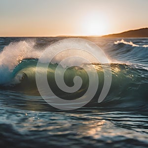 AI generated illustration of sunset featuring a powerful ocean wave crashing into the sea