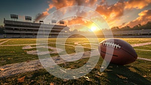 AI generated illustration of a sunset over a football field with a ball on 30-Yard Line