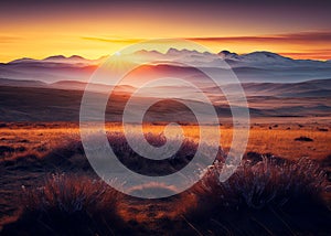 AI generated illustration of sunset scene over fields and Mountain with orangesky on the horizon