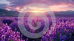 AI generated illustration of a sunset sky over lavender fields in mountains at sunrise