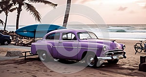 AI generated illustration of a surfboard, bicycle and a vintage car parked on a sandy beach