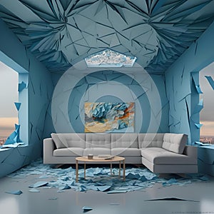 AI-generated illustration of a surreal living room with shattered blue walls and a white sofa