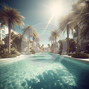 AI generated illustration of A swimming pool surrounded by lush palm trees