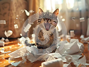 AI generated illustration of a tabby cat roaring, sitting on a pile of papers on the floor
