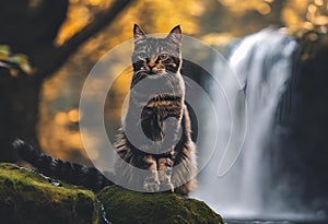 AI generated illustration of a tabby cat sitting on rock with waterfall backdrop