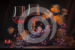 AI generated illustration of a table adorned with glasses of wine and a cluster of grapes