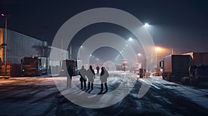 AI generated illustration of a team of workers on a construction site during the winter