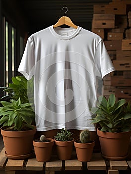 AI-generated illustration of terracotta plant pots on a wooden shelf, along with a white t-shirt