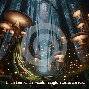 AI generated illustration of the text 'In the heart of the woods, magic stories are told' in forest