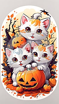 AI generated illustration of three adorable kittens snuggling with pumpkins and autumn leaves