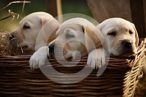 AI generated illustration of three adorable puppies snuggling together in a basket