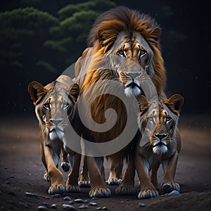 AI generated illustration of three African lions walking together in a grassy savannah landscape