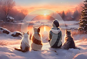 AI generated illustration of Three cats and a boy in the snowy landscape