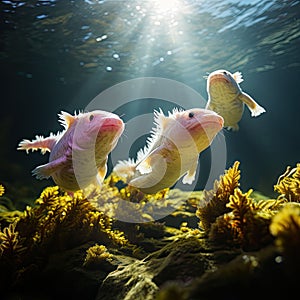 AI generated illustration of three colorful axolotls swimming under the sea