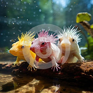 AI generated illustration of three colorful axolotls swimming under the sea