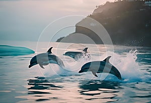 AI generated illustration of three dolphins jumping out of the ocean's surface