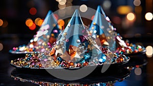 AI generated illustration of three festive hats decorated with colorful beads and jewels