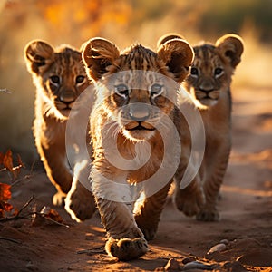 AI generated illustration of three majestic African lions in the warm sun on a sandy savannah