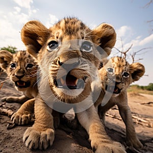 AI generated illustration of three majestic African lions in the warm sun on a sandy savannah