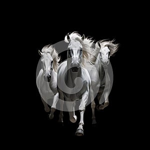 AI generated illustration of three majestic white horses running freely in a dark landscape