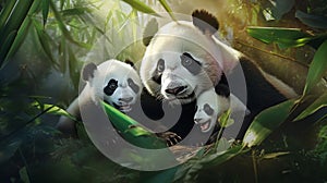 AI generated illustration of Three Pandas gathering together in a lush green jungle