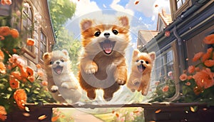 AI generated illustration of three small puppies running joyfully