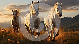 AI generated illustration of three white horses running on meadow at sunset