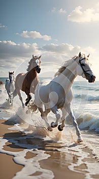 AI-generated illustration of Three wild horses running alongside the serene shores of a beach