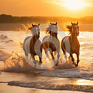 AI generated illustration of three wild horses running in the ocean on a sandy beach