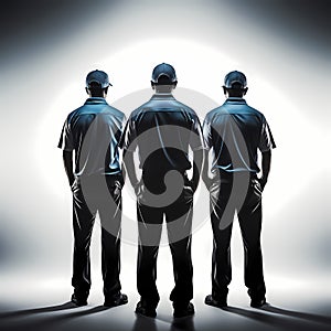 AI-generated illustration of Three young adult males wearing baseball uniforms standing in a line