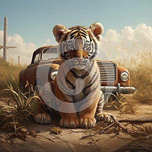 AI generated illustration of a tiger cub lounging in front of a classic automobile