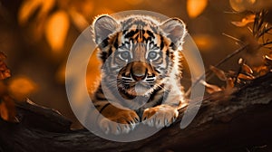 AI generated illustration of a tiger cub lounging in the grass