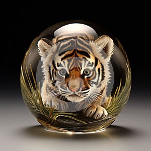 AI generated illustration of a tiger cub in a transparent glass on a dark background