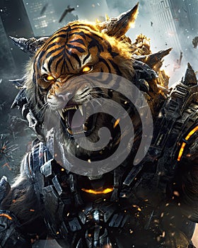 AI generated illustration of a tiger wearing a suit of armor standing against a dark background