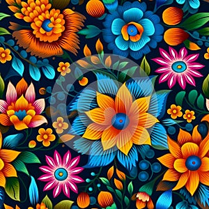 AI generated illustration of Tile pattern Bordados de Tenancingo colorful flowers photo