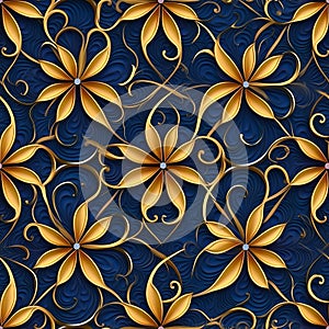 AI generated illustration of tile pattern of Mexican Joyeria de filigrana golden flowers over blue photo
