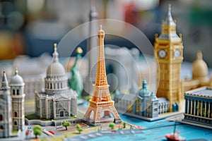 AI-generated illustration of tiny replicas of famous landmarks from around the world