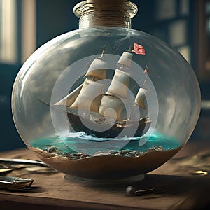 AI generated illustration of a tiny sailboat in a glass bottle displayed on a wooden surface